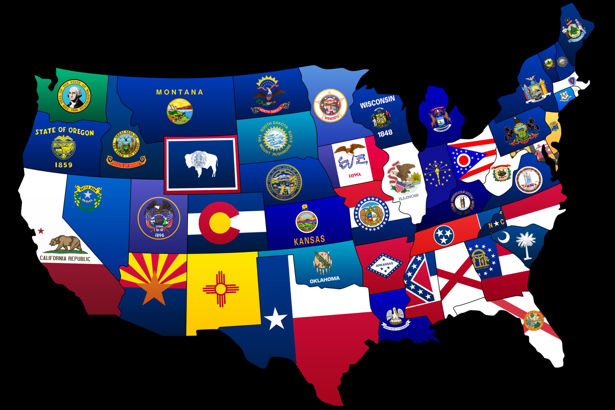 image of US map with state flags identifying borders
