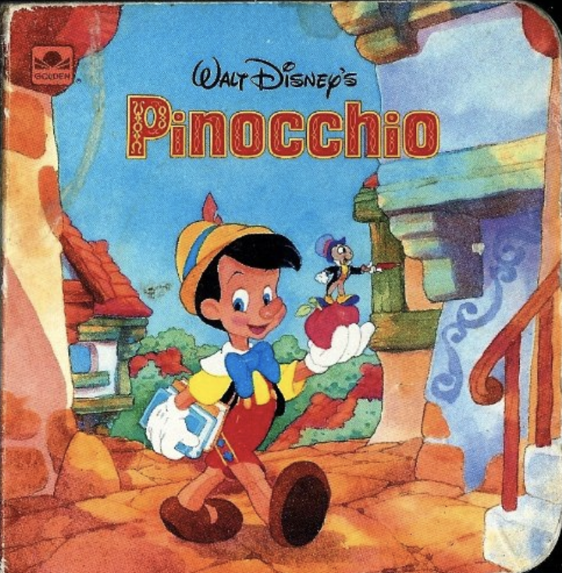 Cover illustration for Disney's Pinocchio book featuring a color illustration of a little puppet-boy walking through a village.