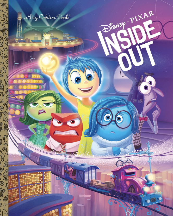 Cover illustration for the Disney book Inside Out featuring a colorful illustration of the characters Joy, Sadness, Anger, Fear and Disgust gathered in a group in front of an illustration of key scenes from the movie Inside Out.