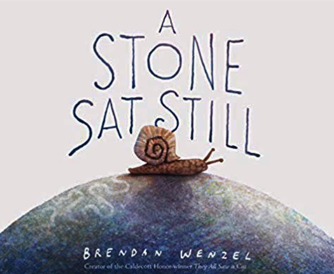 Cover illustration for A Stone Sat Still by Brendan Wenzel featuring a painting of a brown sail atop a silvery-blue rock.