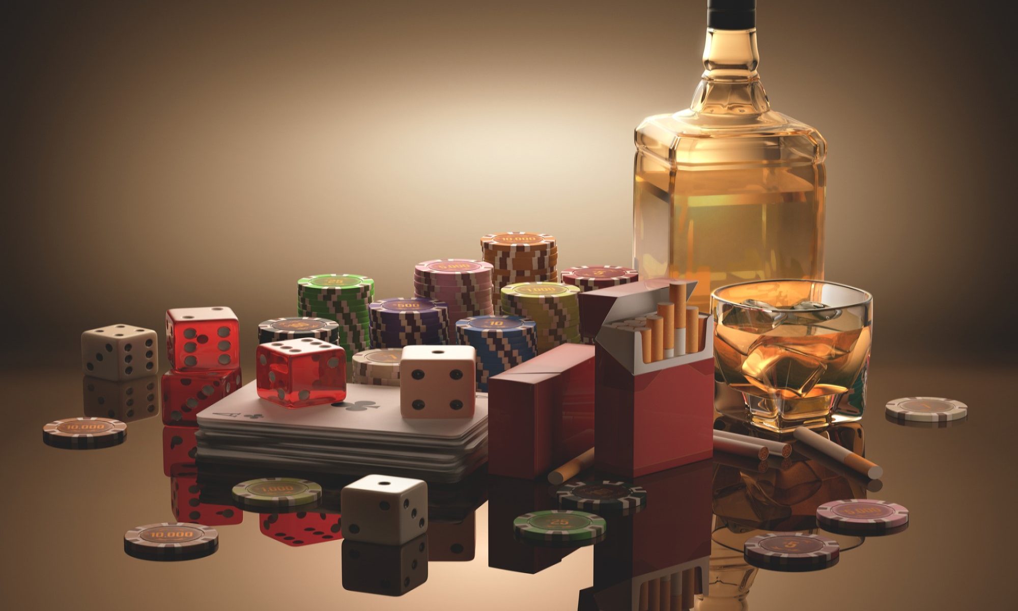 photograph of cards, dice, chips, cigarettes, and booze