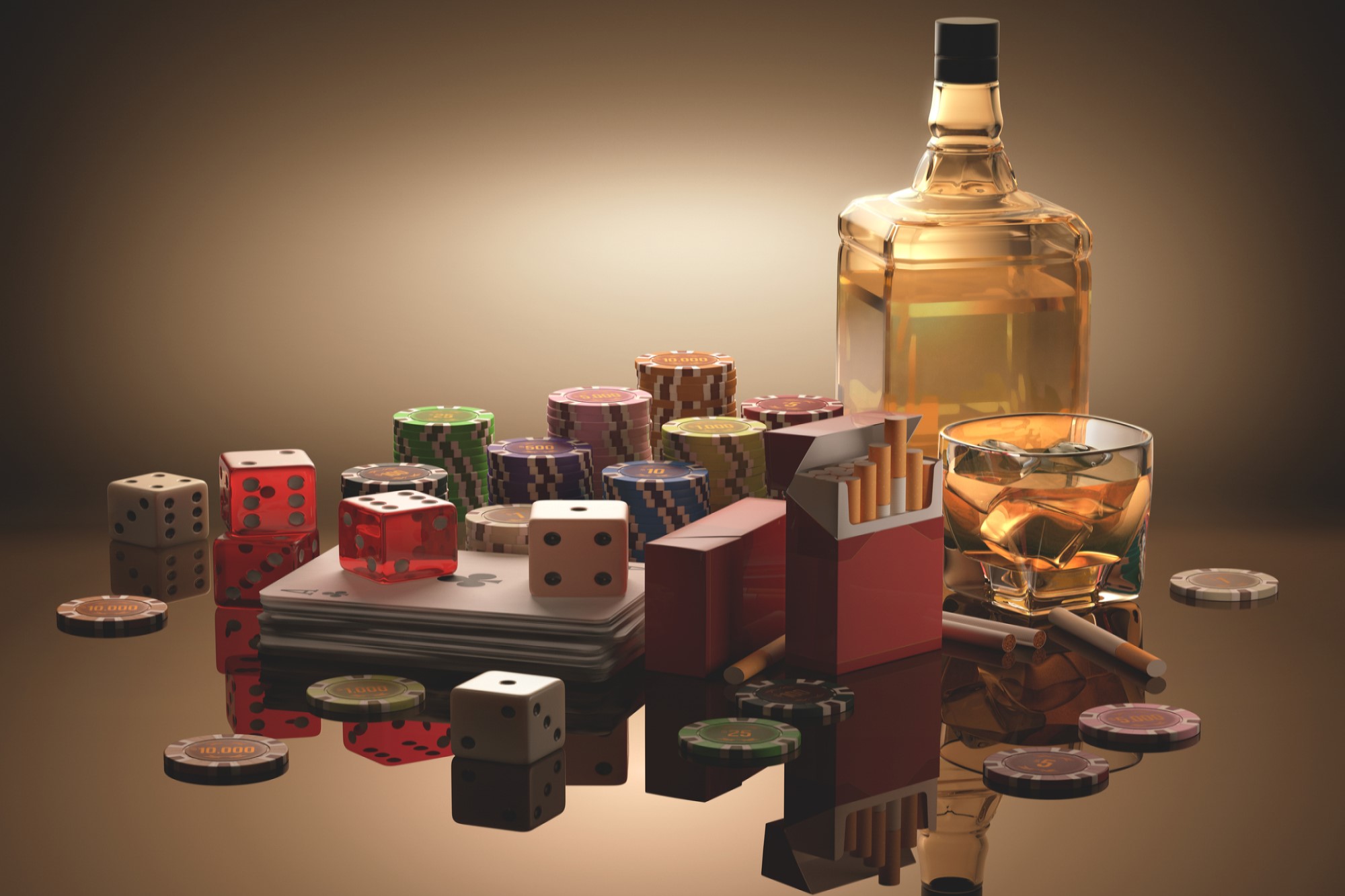 photograph of cards, dice, chips, cigarettes, and booze