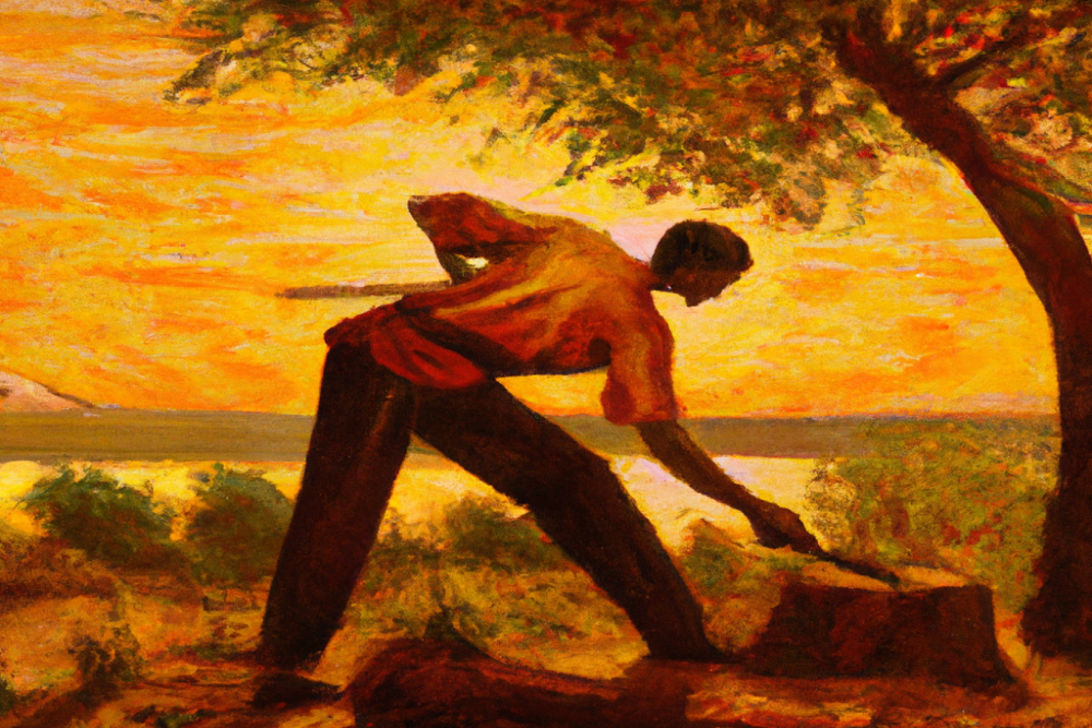 oil painting of man chopping wood