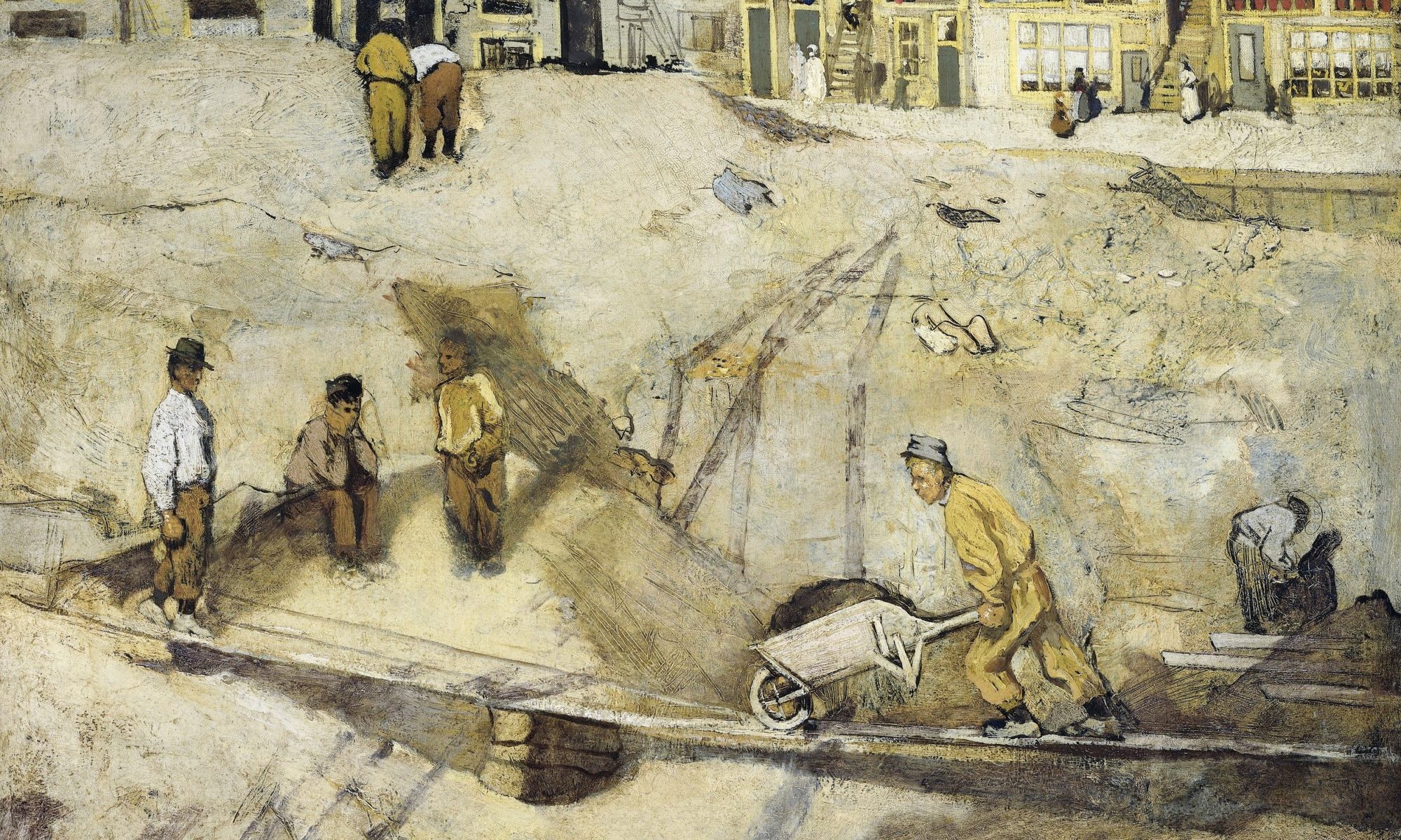 painting of laborers at construction site
