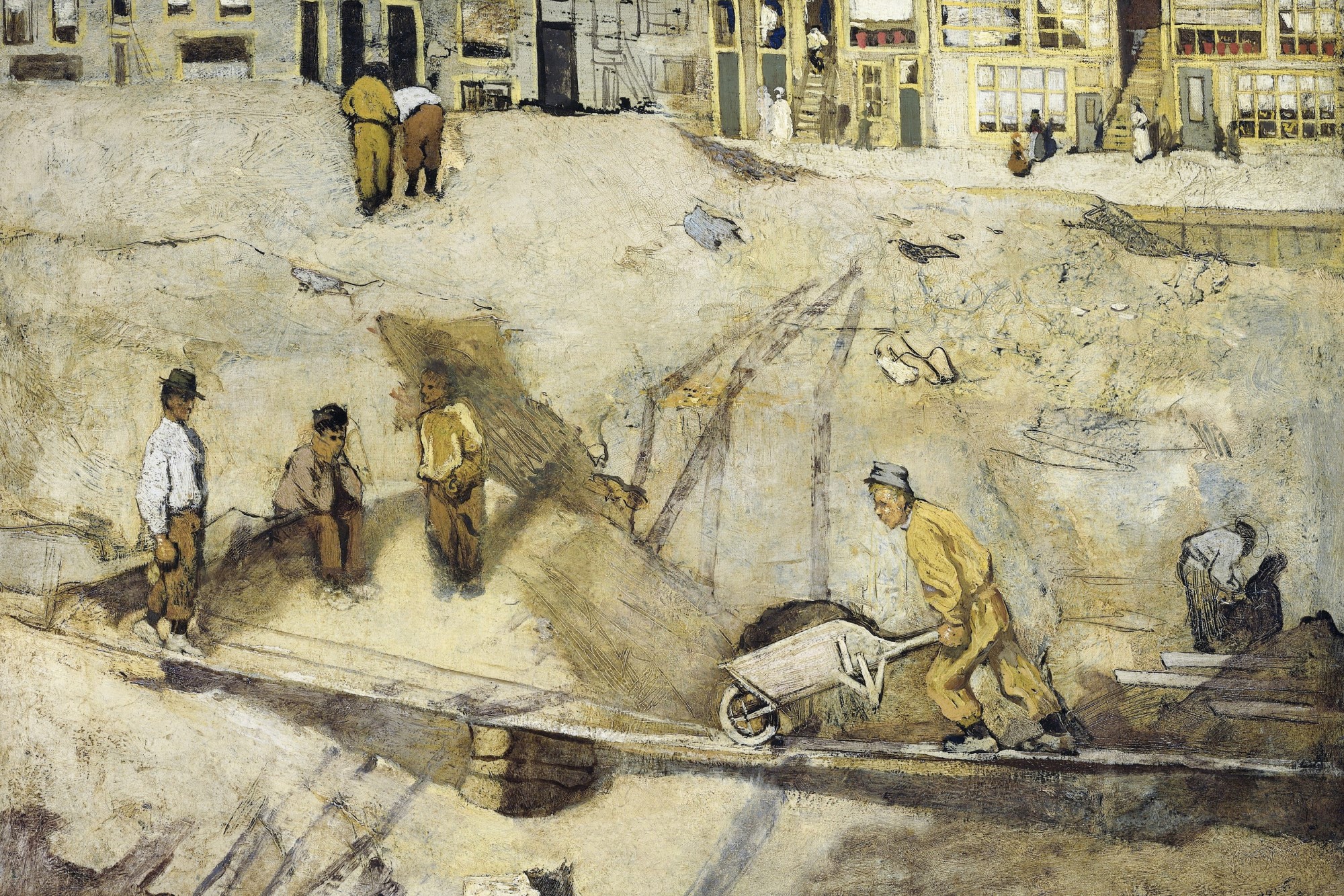 painting of laborers at construction site