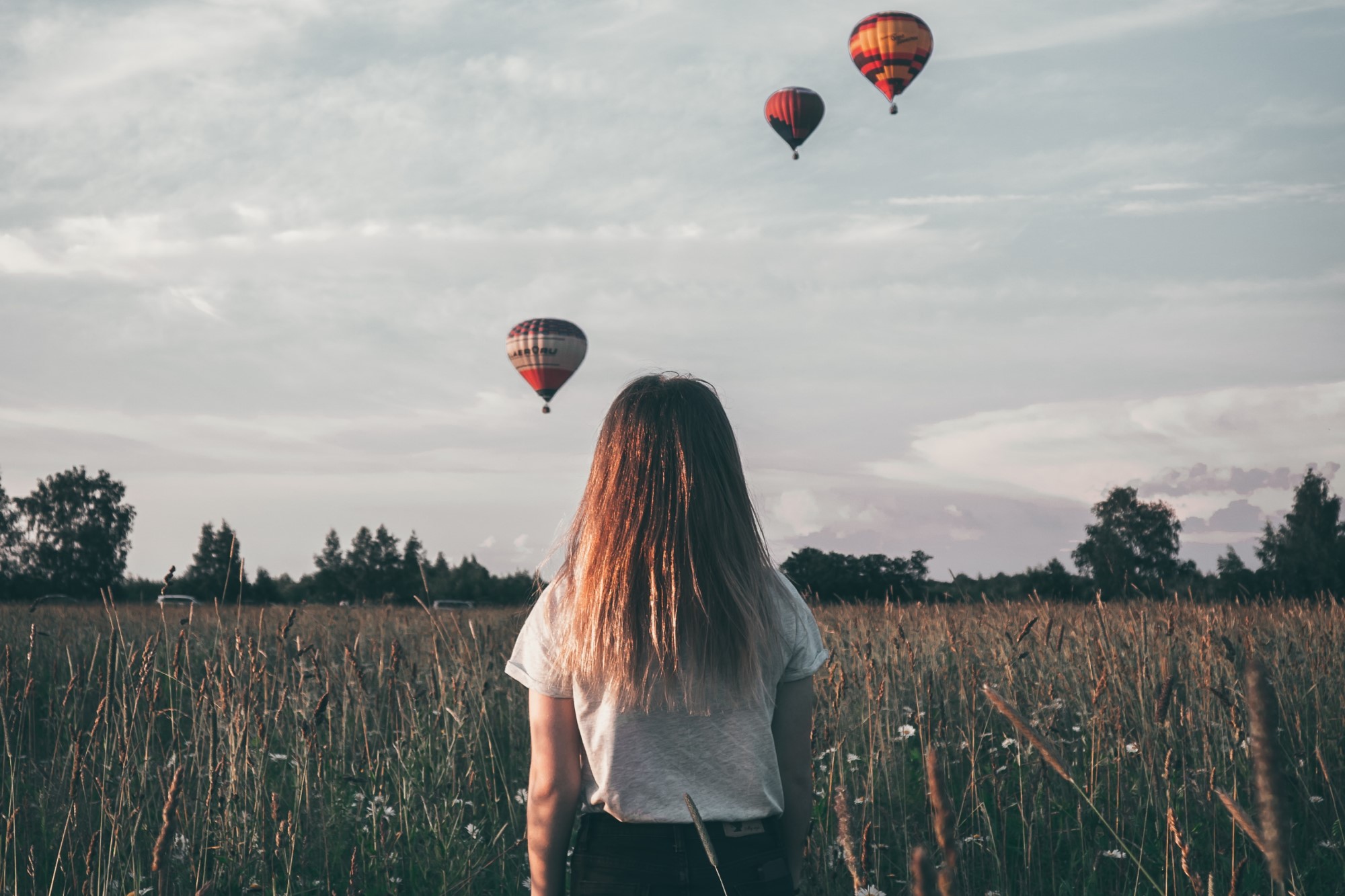 photograph of child standing in field watching hot air balloons