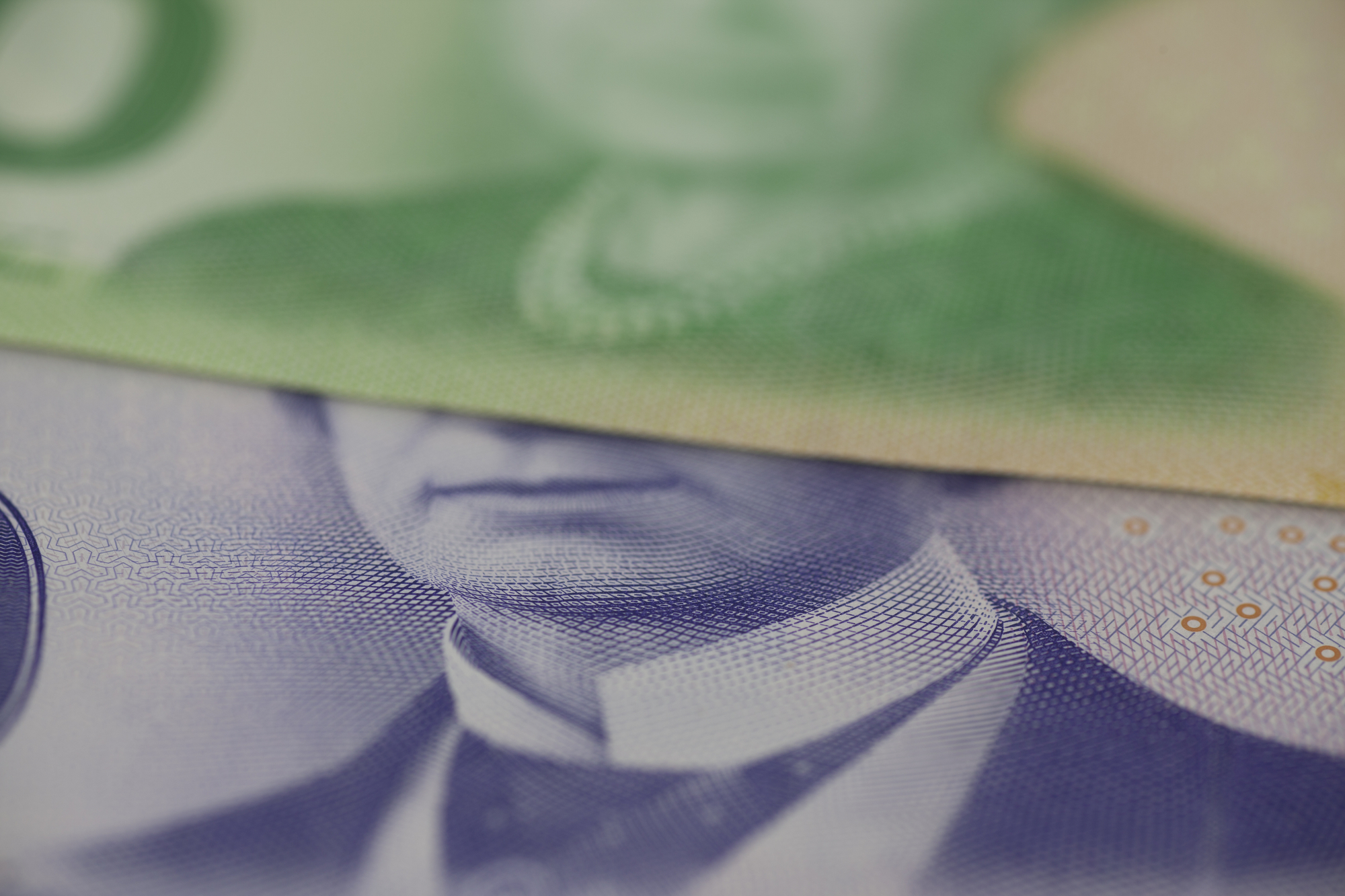 close-up photograph of Canadian bank notes covering politician's face