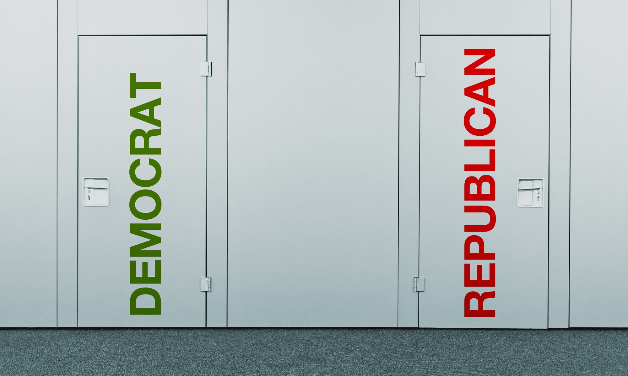 photograph of two closed doors labeled "Democrat" and "Republican"