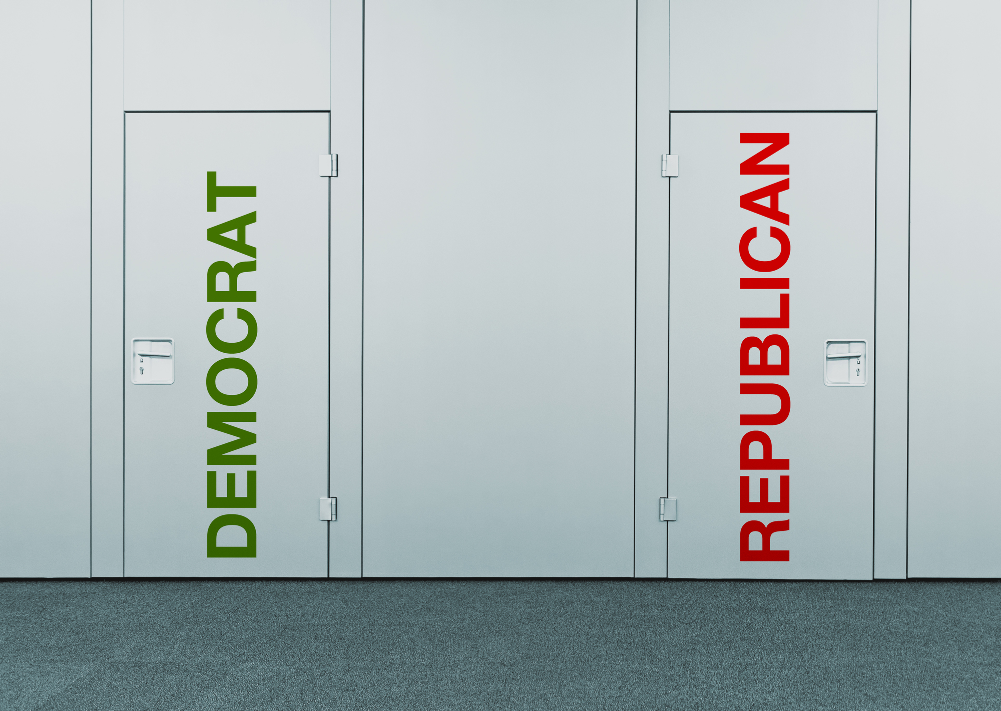 photograph of two closed doors labeled "Democrat" and "Republican"