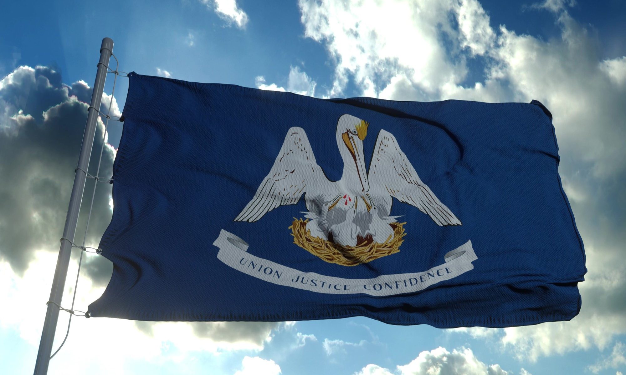 photograph of Louisiana state flag before clouded sky