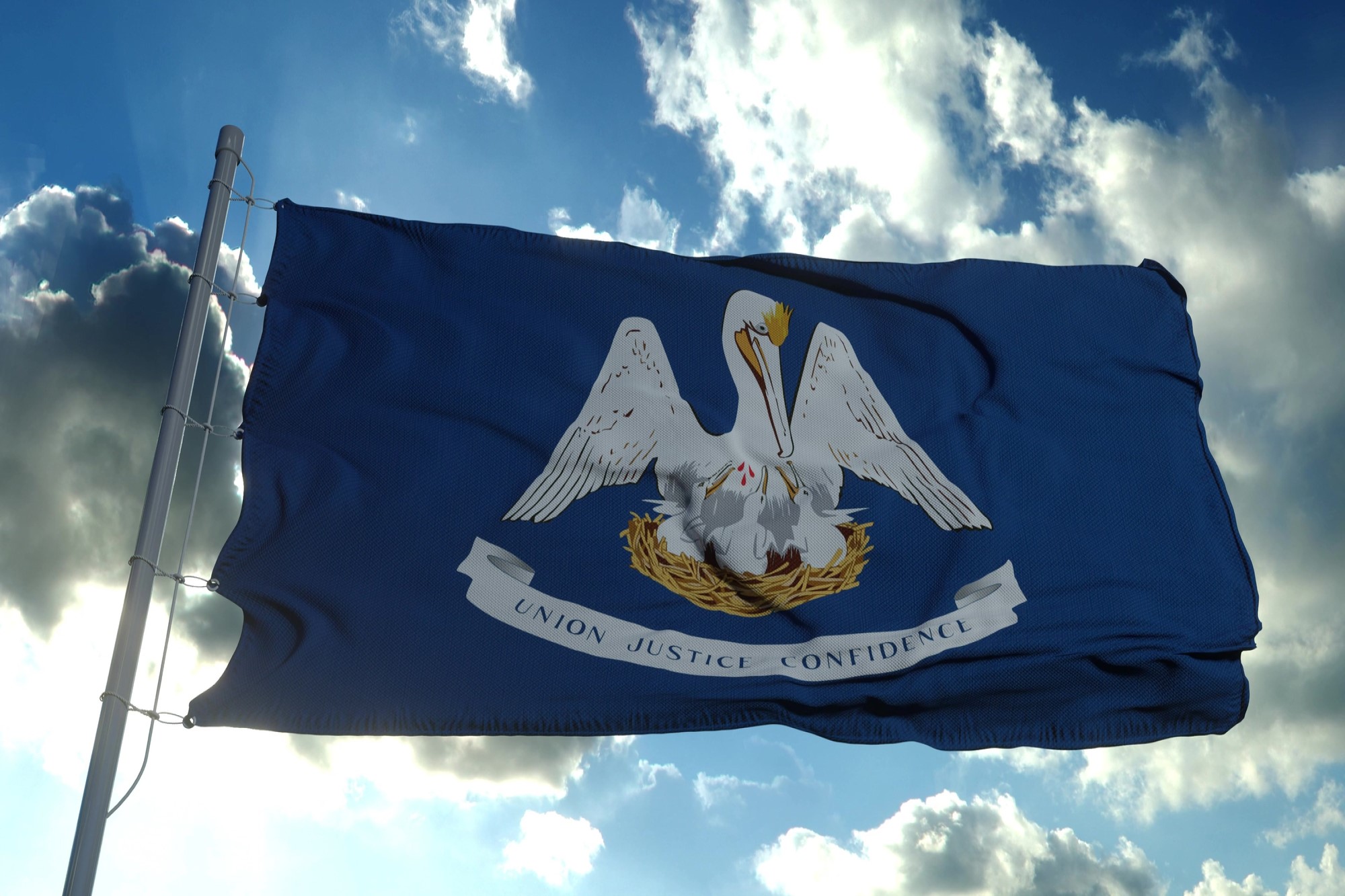 photograph of Louisiana state flag before clouded sky