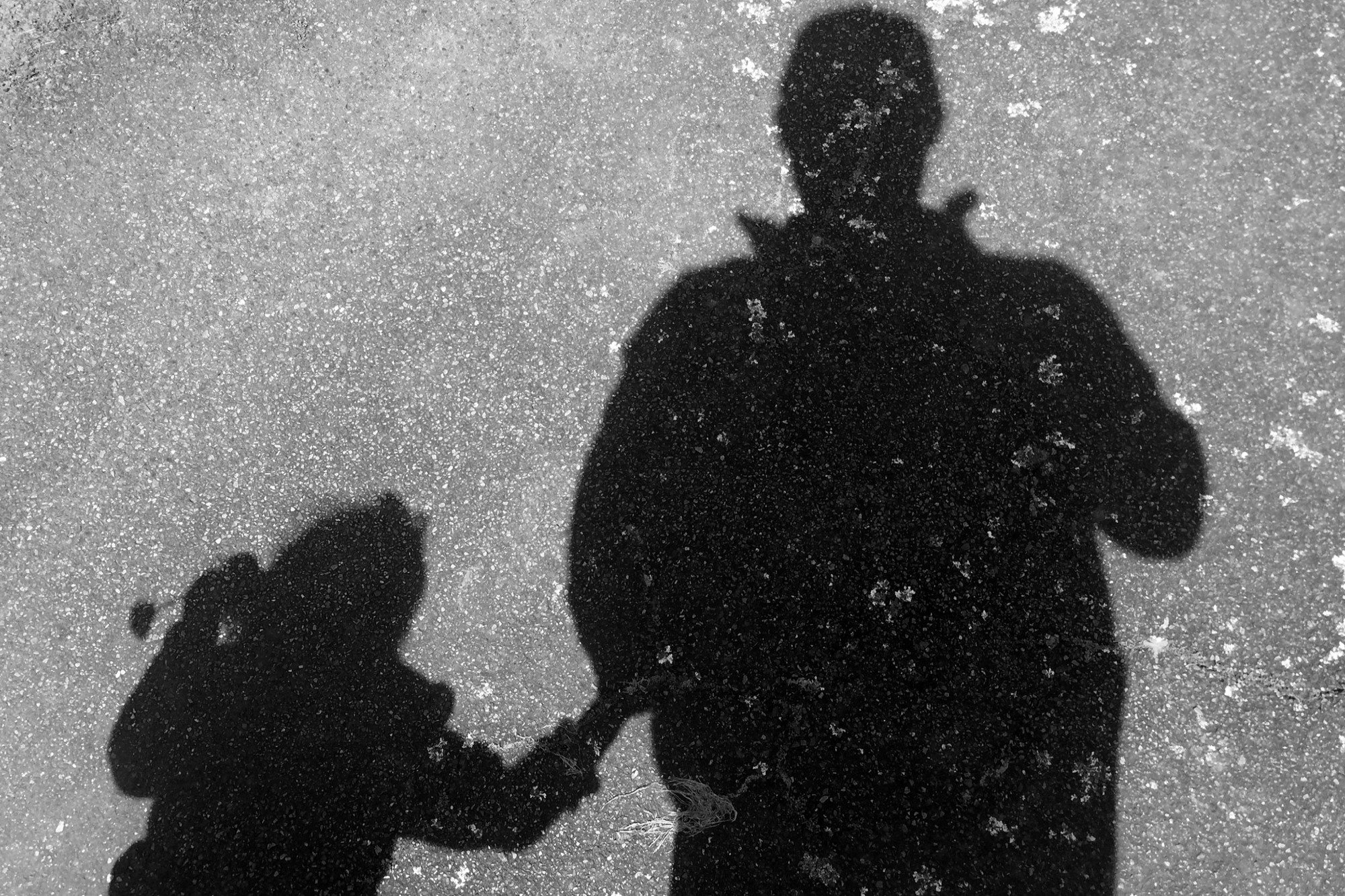 photograph of child and parent shadow on asphalt
